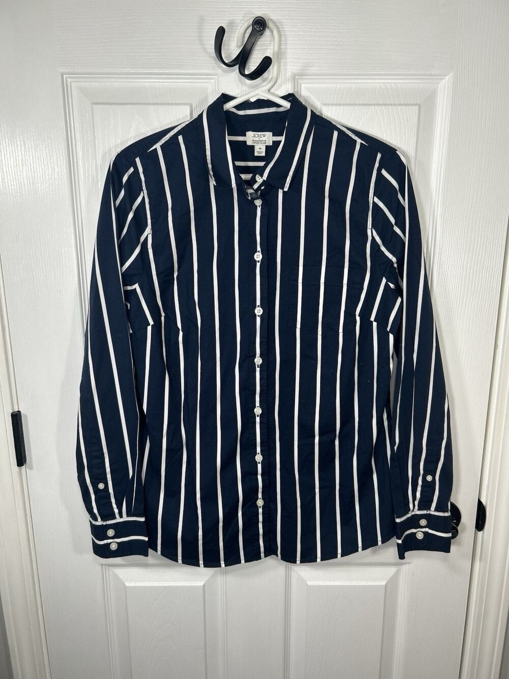 JCrew Blue White Striped Regenerative Cotton Blend Button Down Shirt Womens Sz M